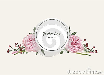 Romantic floral card with vintage flowers invitation and circle label Vector Illustration