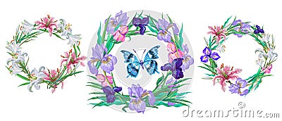 Romantic floral collection of wreaths with butterfly for your design. Vector Illustration