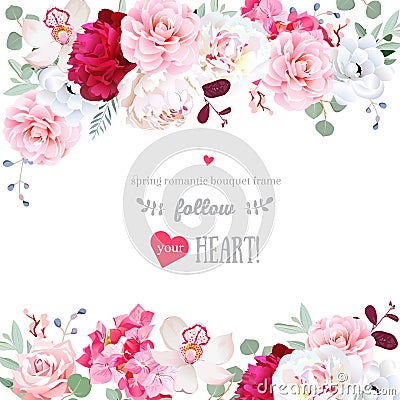 Romantic floral frame arranged from flowers and leaves Vector Illustration