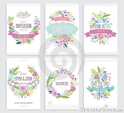 Romantic Floral hand drawn card set. Cartoon Illustration