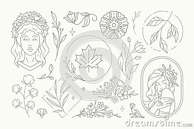 Romantic floral logo monochrome set vector illustration. Beautiful female decorative flower design Vector Illustration