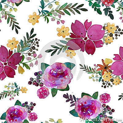 Romantic floral seamless pattern with rose flowers and leaf. Print for textile wallpaper endless. Hand-drawn watercolor Stock Photo