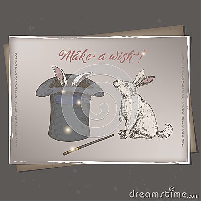 Romantic A4 format color vintage birthday card template with calligraphy, bunny, magic hat and wand sketch. Vector Illustration