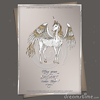 Romantic a4 format color vintage birthday card template with calligraphy and winged unicorn sketch. Vector Illustration
