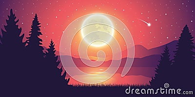 Romantic full moon and falling stars by the lake landscape Vector Illustration