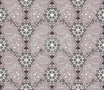 Romantic geometric abstract pattern. Seamless vector with various gray, pink and burgundy elements on purple background Vector Illustration