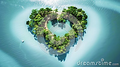 A romantic getaway on your own private tropical island of paradise in the shape of a heart with sandy beaches Stock Photo