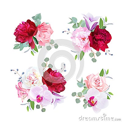 Romantic gift bouquets in purple, pink, burgundy red and white Vector Illustration