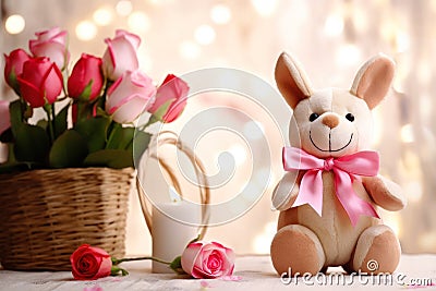 romantic gift for a girl a bouquet of roses and a plush rabbit generative ai Stock Photo