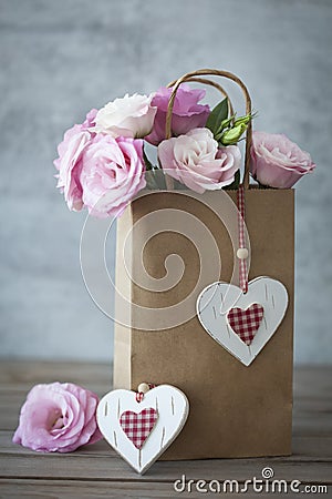 Romantic Gift with Roses and Hearts Stock Photo