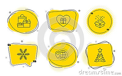 Gift, World travel and Snowflake icons set. Romantic gift, Shopping and Christmas tree signs. Vector Vector Illustration