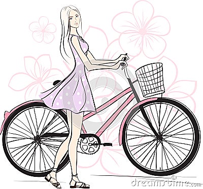 Romantic Girl with bicycle Vector Illustration