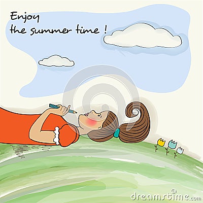 Romantic girl enjoy the summer time. Watercolor banner Stock Photo