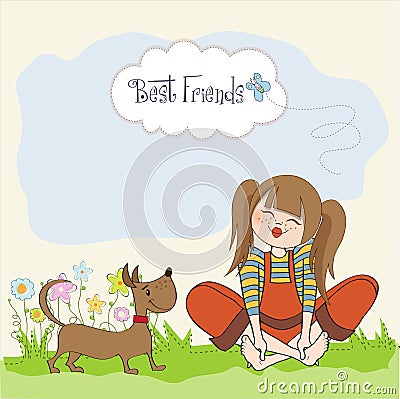 Romantic girl sitting barefoot in the grass with her cute dog Cartoon Illustration