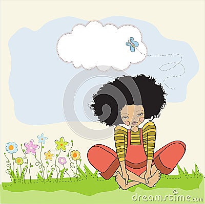 Romantic girl sitting barefoot in the grass Cartoon Illustration