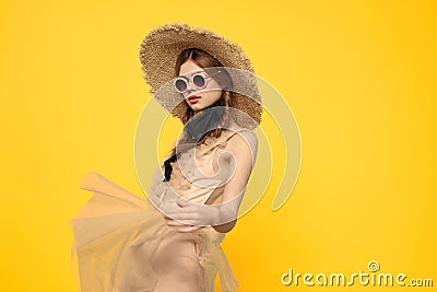 Romantic girl in straw hat sunglasses model dress emotions Stock Photo