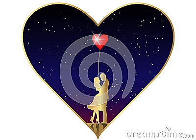 Romantic gold silhouette of loving couple in starry universe background. Valentines Day 14 February. Happy Lovers. Vector Illustration