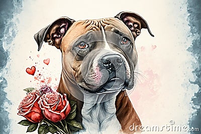 Romantic greeting card theme of Valentines with a Staffy dog Cartoon Illustration