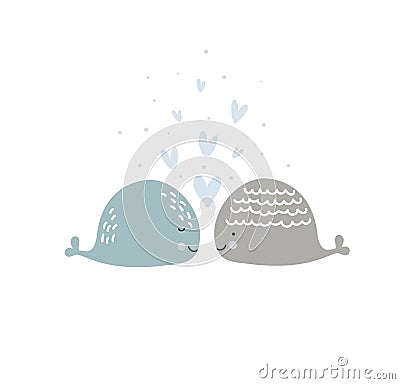 Romantic greeting card with two whales in love. Card about friendship with hearts. Valentines Day card, poster or print Stock Photo