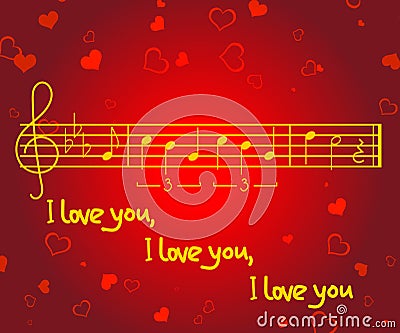 Romantic greeting card for Valentine`s Day with heart shapes and music notes of the song `Michelle` Vector Illustration