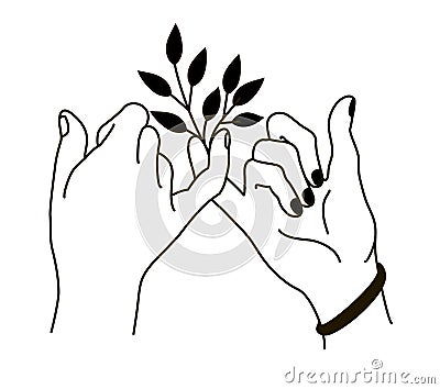 Romantic handshake. Relationship loving hands together. Two hands of lovers, holding palms as symbol of togetherness and Vector Illustration