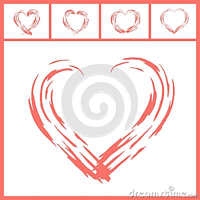 Romantic heart collection of five in Living Coral color. Vector Illustration