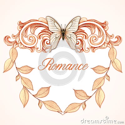 Romantic heart shaped victorian frame with pastel leaves and butterfly Vector Illustration