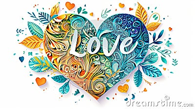 Romantic heart symbol with love text on white background for valentine s day or wedding concepts Stock Photo