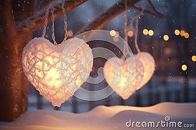 Romantic HeartShaped Lights Adorning Cozy Winter Stock Photo