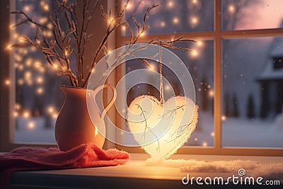 Romantic HeartShaped Lights Adorning Cozy Winter Stock Photo