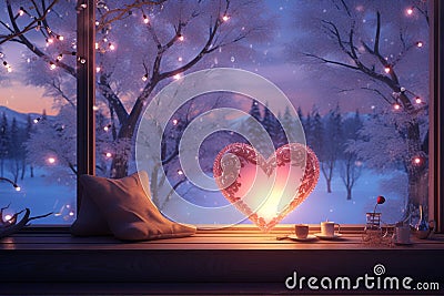 Romantic HeartShaped Lights Adorning Cozy Winter Stock Photo