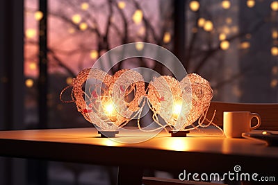 Romantic HeartShaped Lights Adorning Cozy Winter Stock Photo