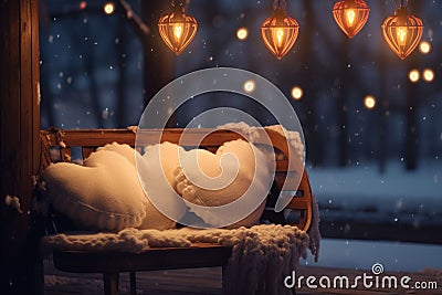 Romantic HeartShaped Lights Adorning Cozy Winter Stock Photo