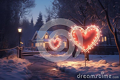 Romantic HeartShaped Lights Adorning Cozy Winter Stock Photo