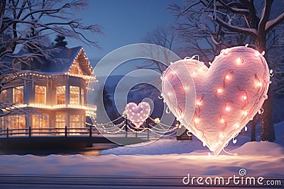 Romantic HeartShaped Lights Adorning Cozy Winter Stock Photo