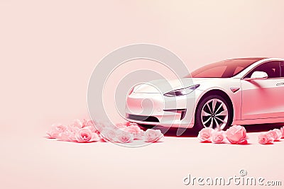 Luxury pink car on pink background with roses and copy space Stock Photo