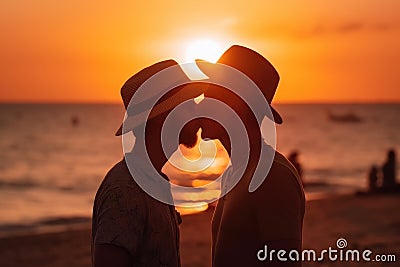 Romantic Homosexual Man Couple Sharing a Kiss under a Vibrant Sunset on the Beach extreme closeup. Generative AI Stock Photo