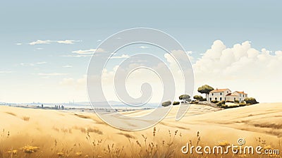 Romantic House On A Hill In A Valley With Panoramic Scale Cartoon Illustration
