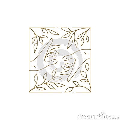 Romantic human hands at square botanical nature flower border golden line art deco icon vector Vector Illustration