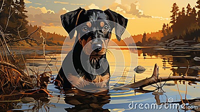 Romantic Illustration Of A Doberman Pinscher Puppy In Saskatchewan Cartoon Illustration