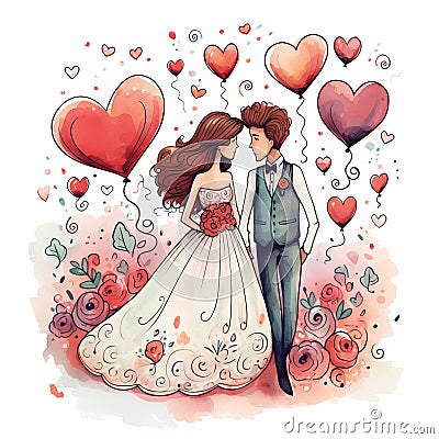 Romantic Watercolor Illustration Of Bride And Groom With Heart Balloons Cartoon Illustration