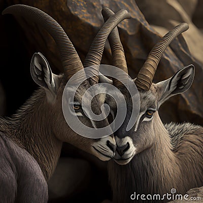 Valentines Day Cuddling Animals - Ibex Couple1 (Generative AI) Stock Photo