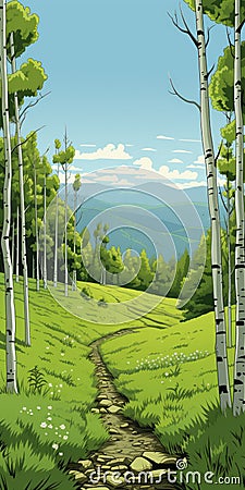 Romantic Illustration Of A Path In Green Fields And Birch Trees Cartoon Illustration