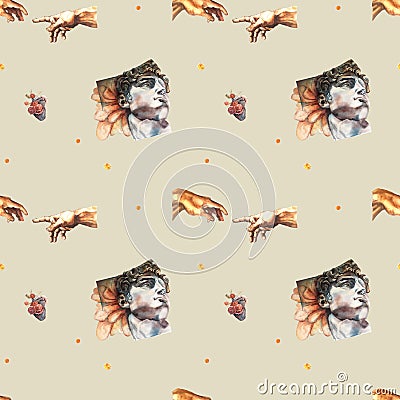 Romantic illustration. Seamless pattern.Head of David, hands from a picture of Michelangelo. Cartoon Illustration