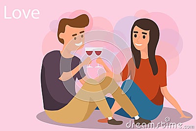 Romantic illustration of a seated man and woman. A man and a woman are sitting and drinking wine. Cartoon Illustration