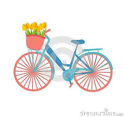 Romantic illustration about spring featuring a bicycle with a flower basket in pastel colours. Vector illustration flat design ret Cartoon Illustration