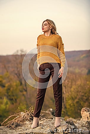 Romantic journey. sexy woman red lipstick nature background. warm and cosy seasonal clothes. girl long hair. autumn Stock Photo