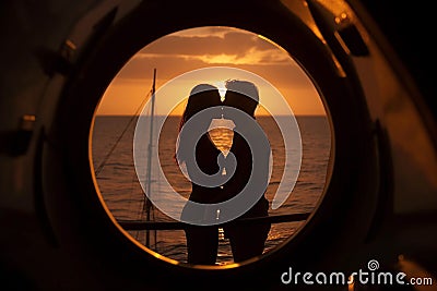 Romantic kiss of a couple in love at sunset, view through the porthole of the yacht. Stock Photo