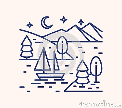 Romantic lake trip on starry night lineart illustration. Linear sailboat in mountain lagoon waters. Outdoor recreation Vector Illustration