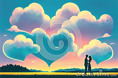 Romantic Landscape for Valentine's Day with Couple In Love and Heart Shaped Clouds Stock Photo